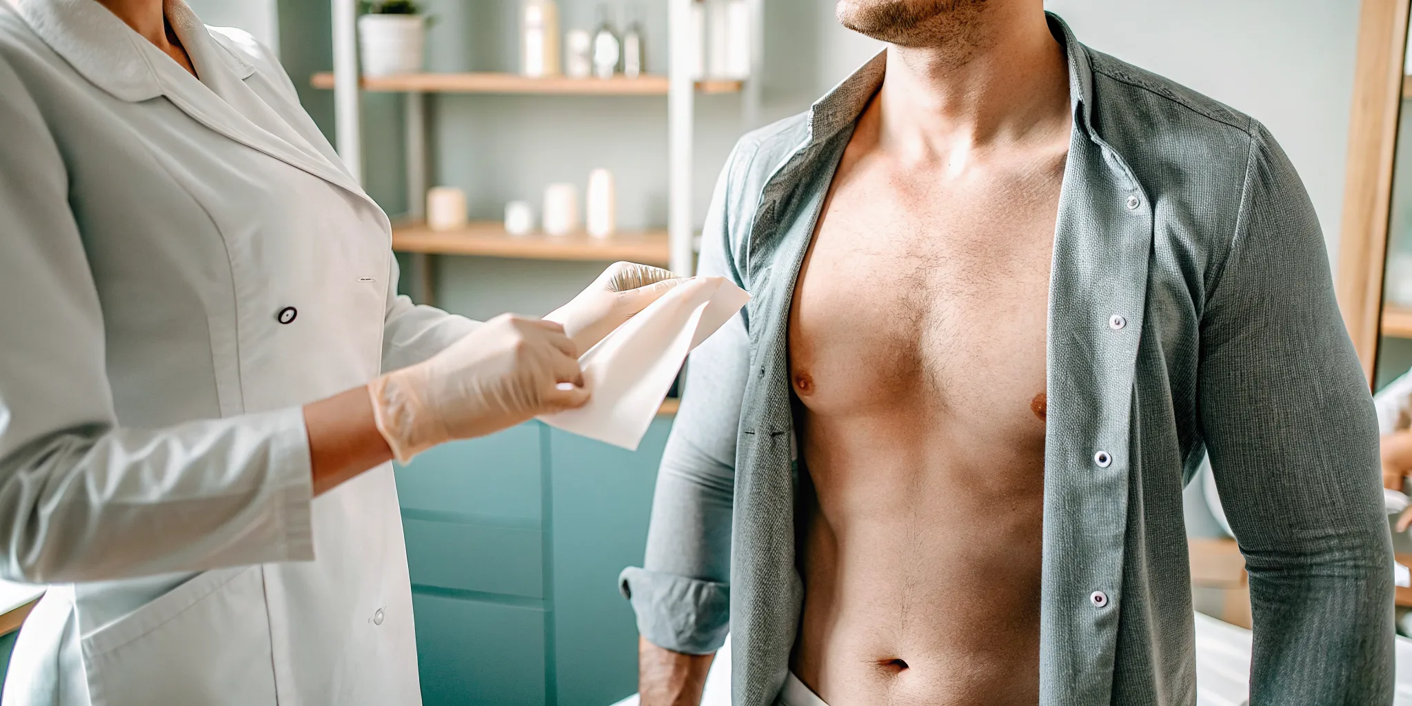 Specialist preparing a client for chest waxing for men