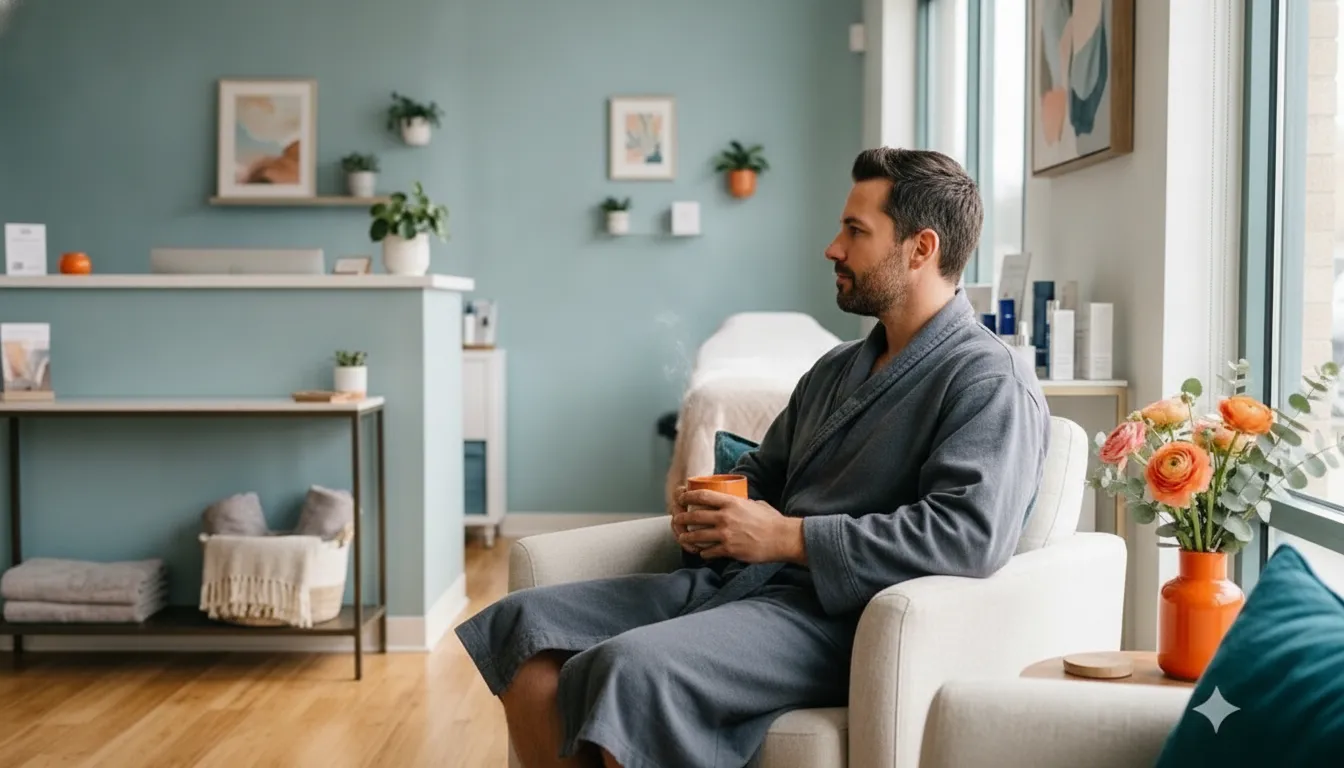 Adult man relaxing in a clean professional salon after a chest waxing consultation