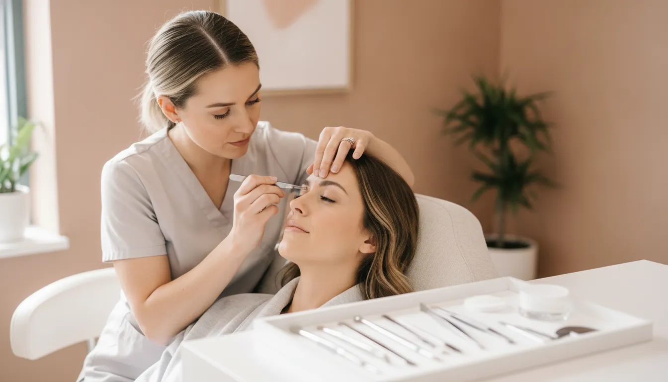 Esthetician preparing a client for facial waxing in a clean salon