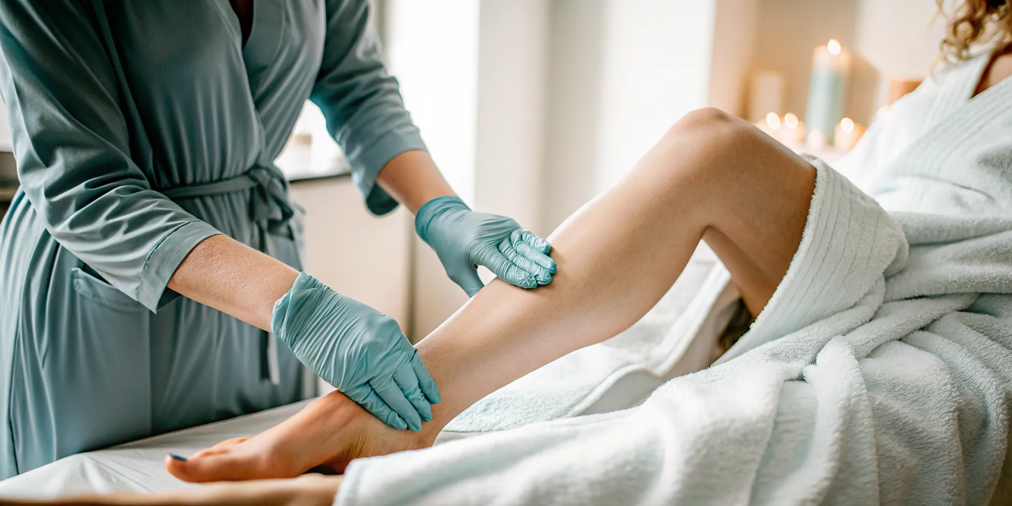 Esthetician in gloves preparing gentle wax for a client with mature skin