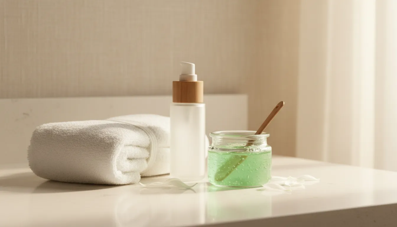 Bikini wax aftercare products and soft towel on a spa counter