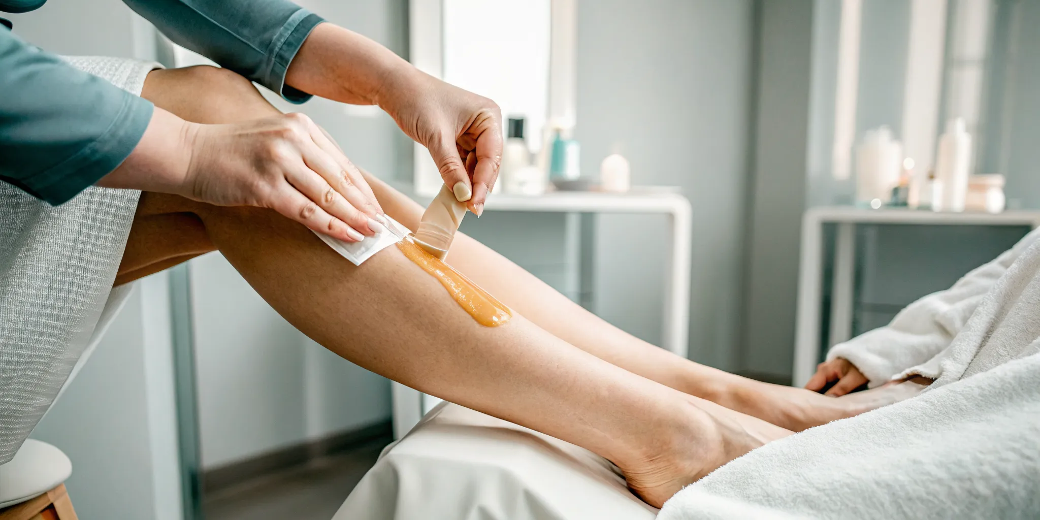 Esthetician applying hard wax on a client's leg in a clean professional salon