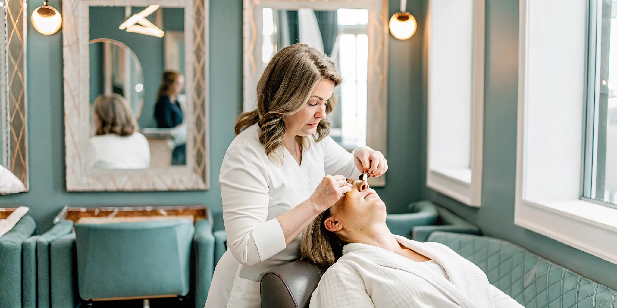 Professional aesthetician applying warm wax to a client's eyebrow area at a clean waxing salon