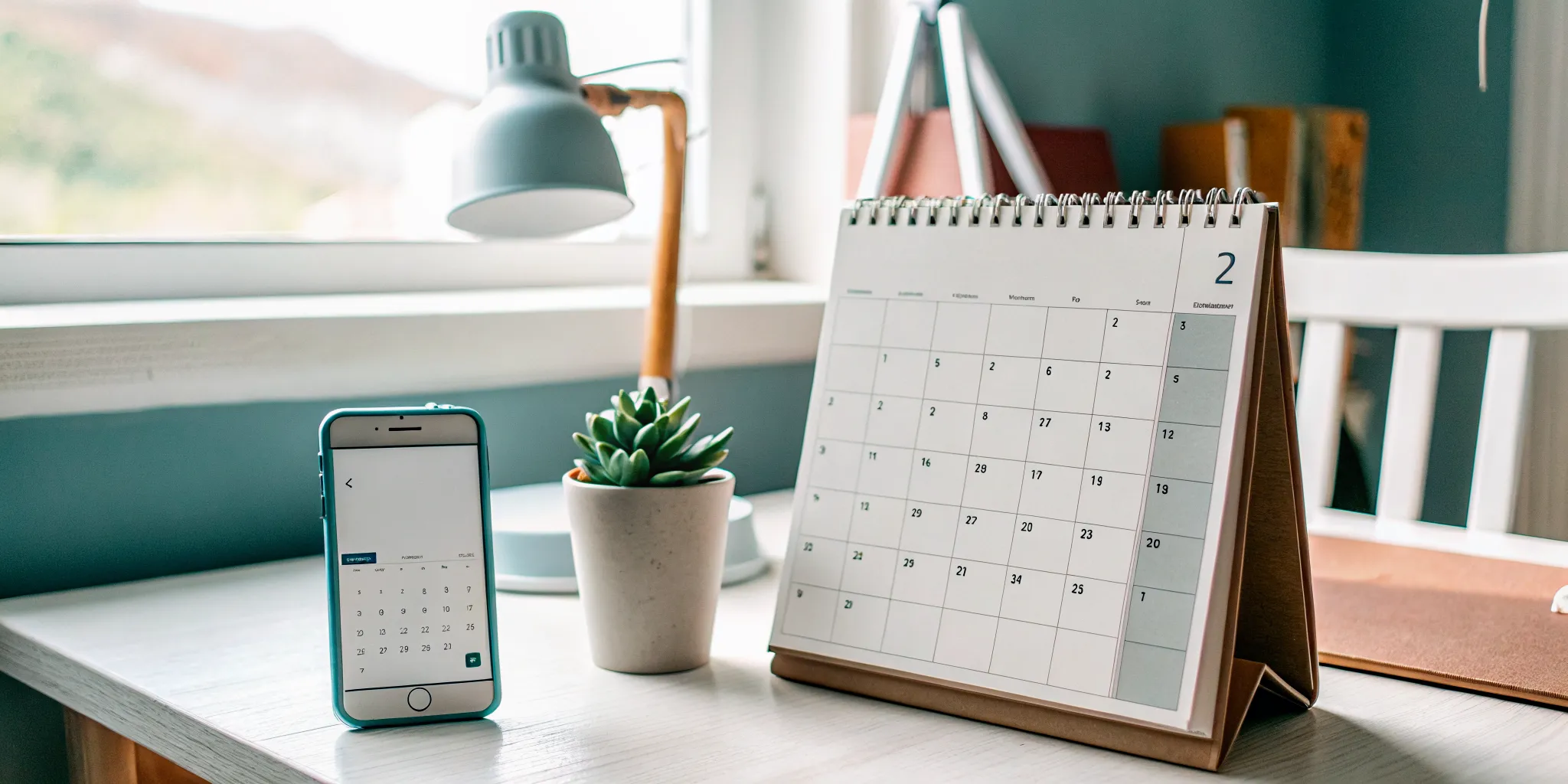 Monthly calendar on a bright desk next to a phone displaying a waxing salon booking confirmation screen