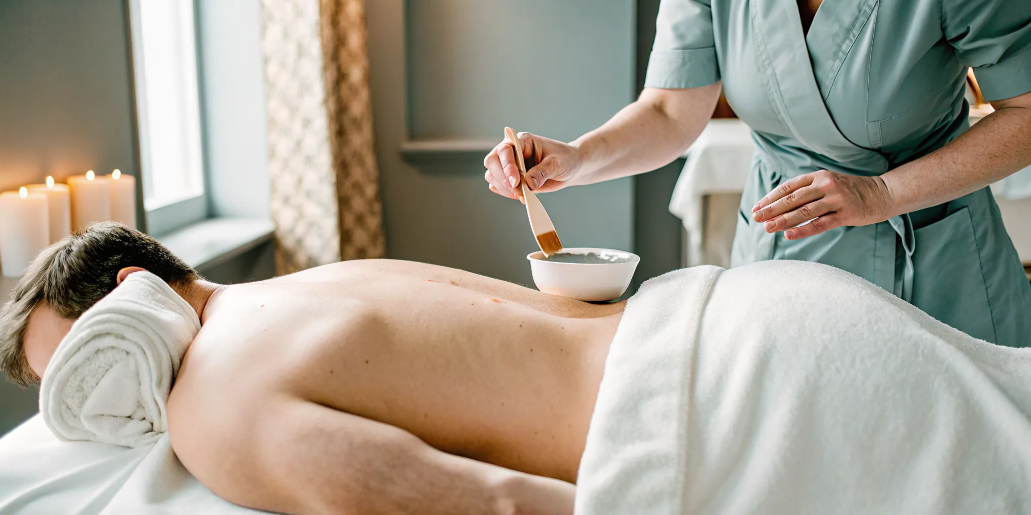 Esthetician applying hard wax in a professional treatment room during a male waxing service