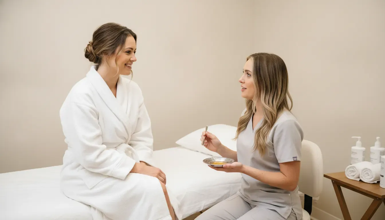 Esthetician greeting a client before a full leg wax in Gainesville