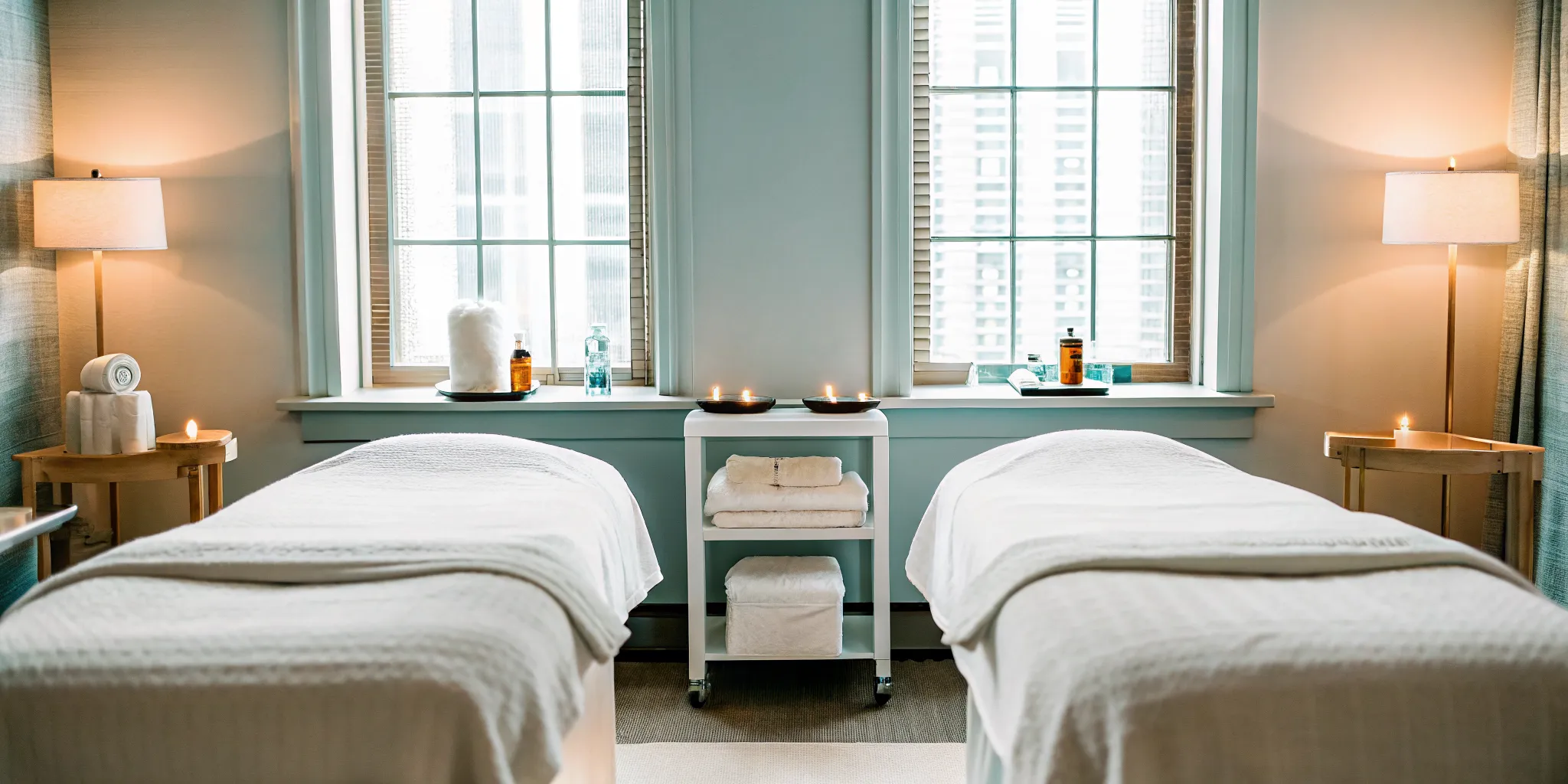 Modern waxing salon treatment room with clean spa beds and professional atmosphere