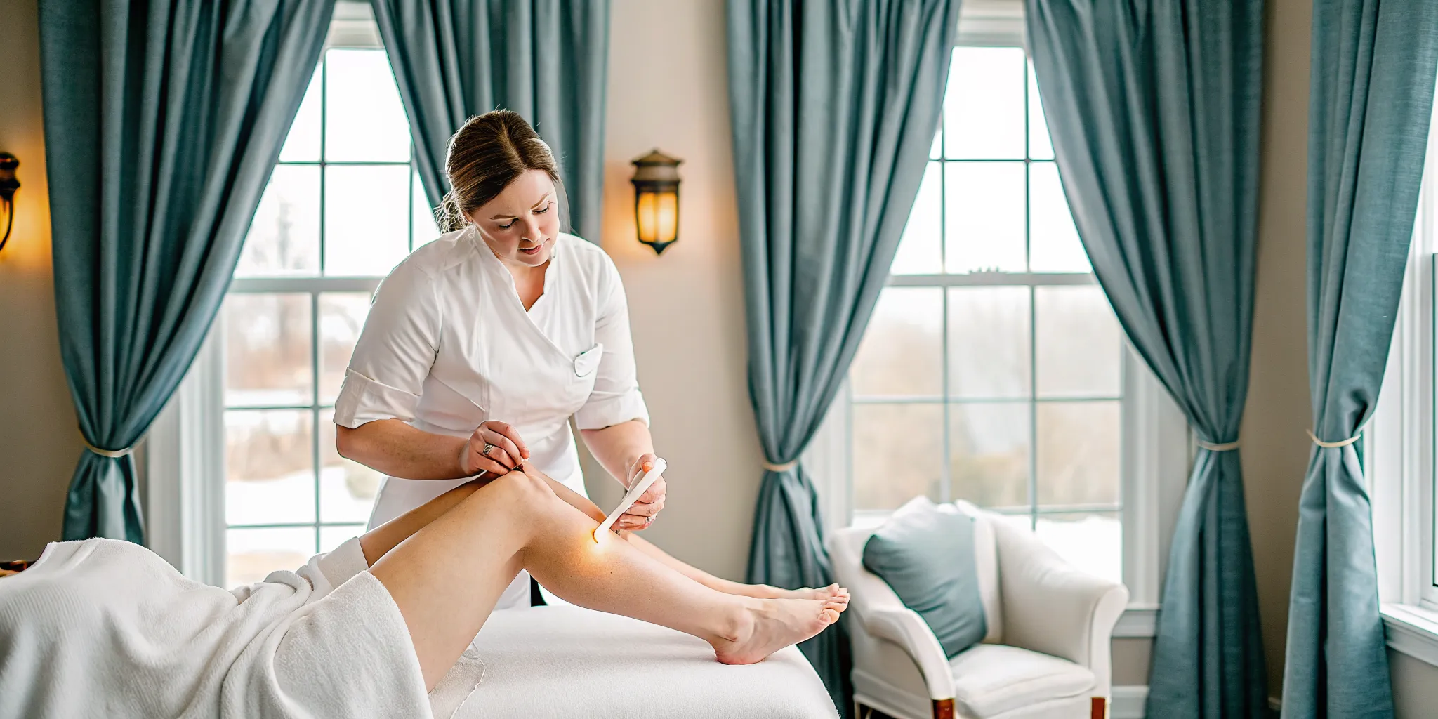 Licensed esthetician performing a professional waxing treatment in a clean spa room with soft lighting