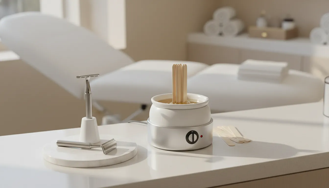 Waxing vs shaving tools in a clean professional salon setting