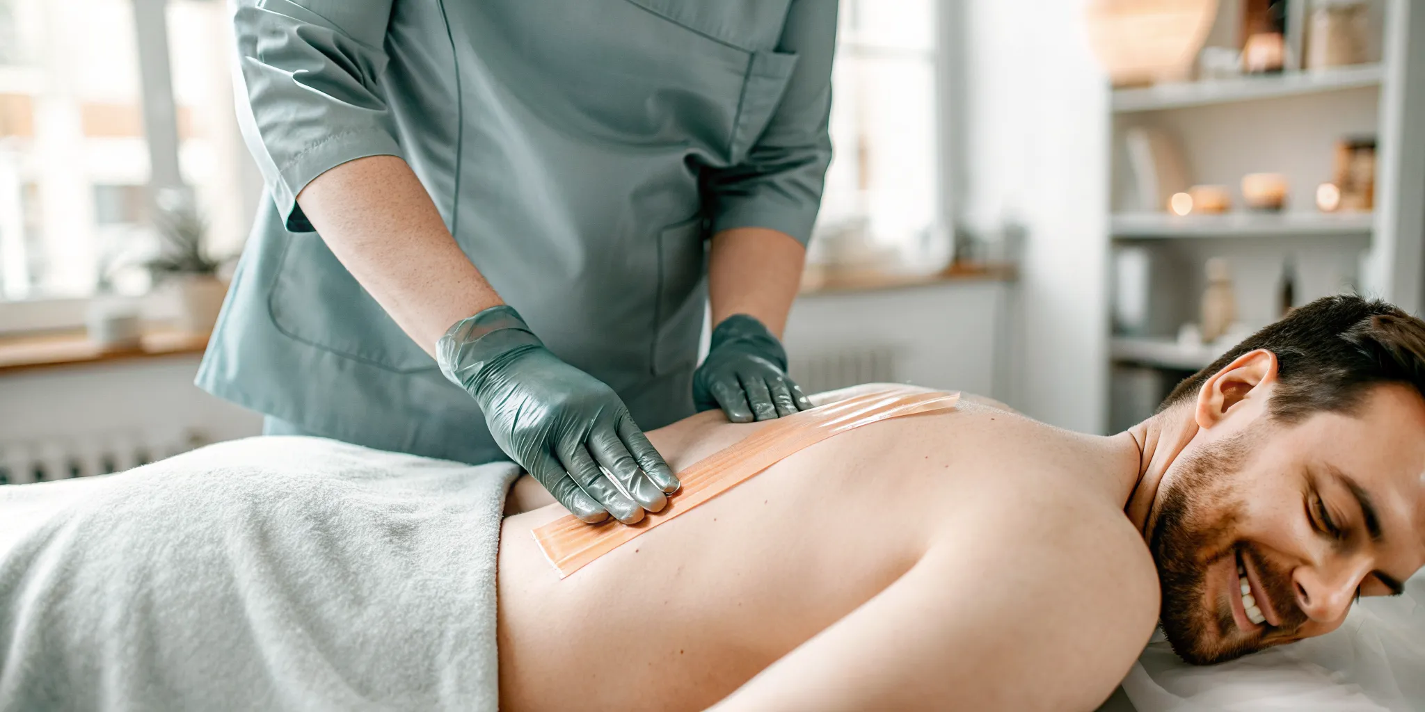 Professional esthetician performing a comfortable manzilian wax in a clean Tampa salon