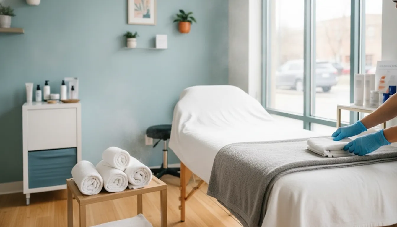 Licensed esthetician preparing a professional chest waxing service for a male client