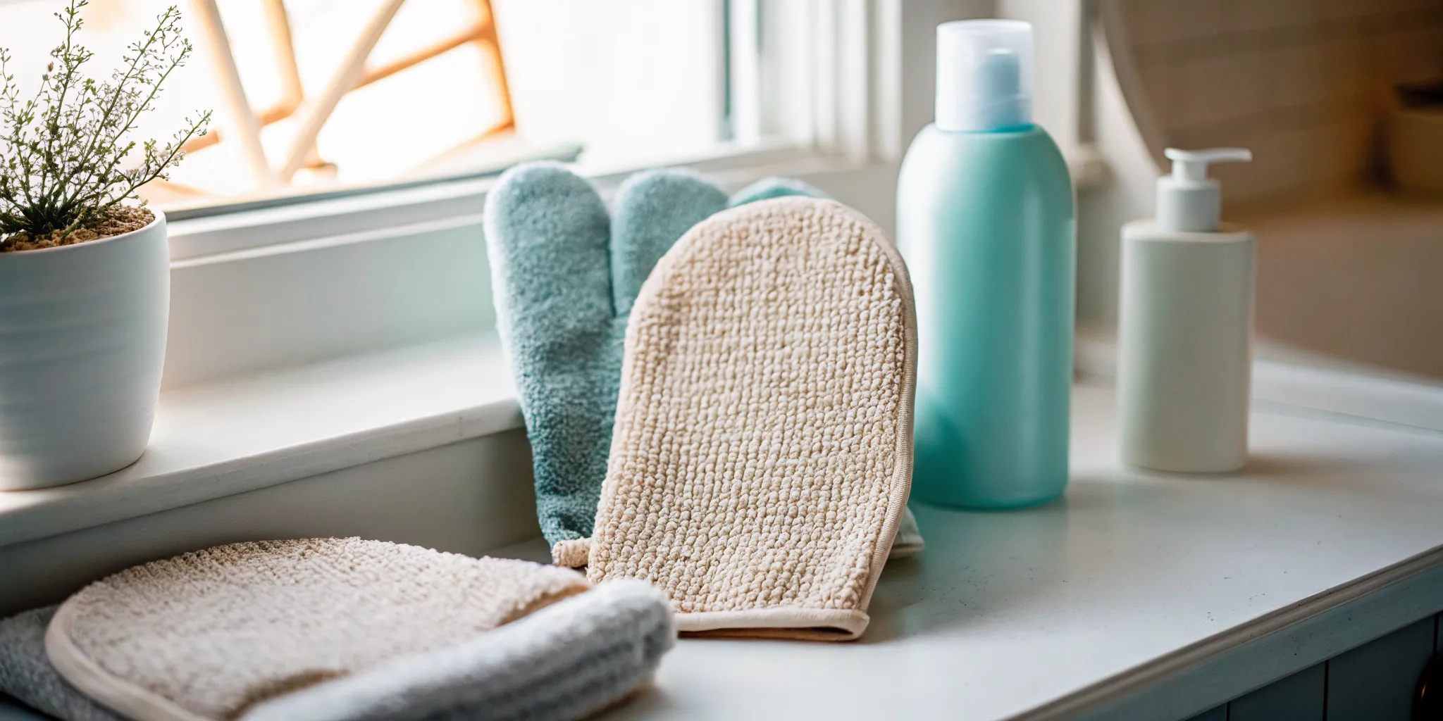 Gentle exfoliation mitts and unscented moisturizer for post-wax skin care