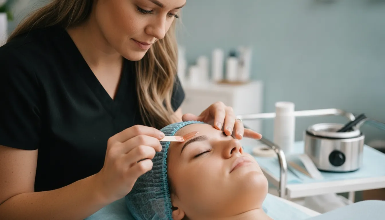 Esthetician applying wax to a client's eyebrow with precision in a clean salon