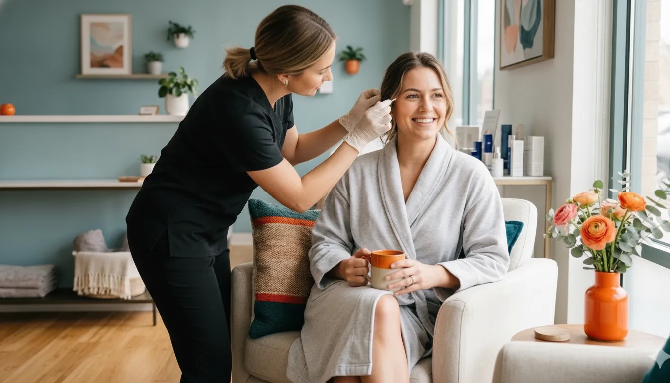 Esthetician applying a soothing serum to a client's freshly shaped brows