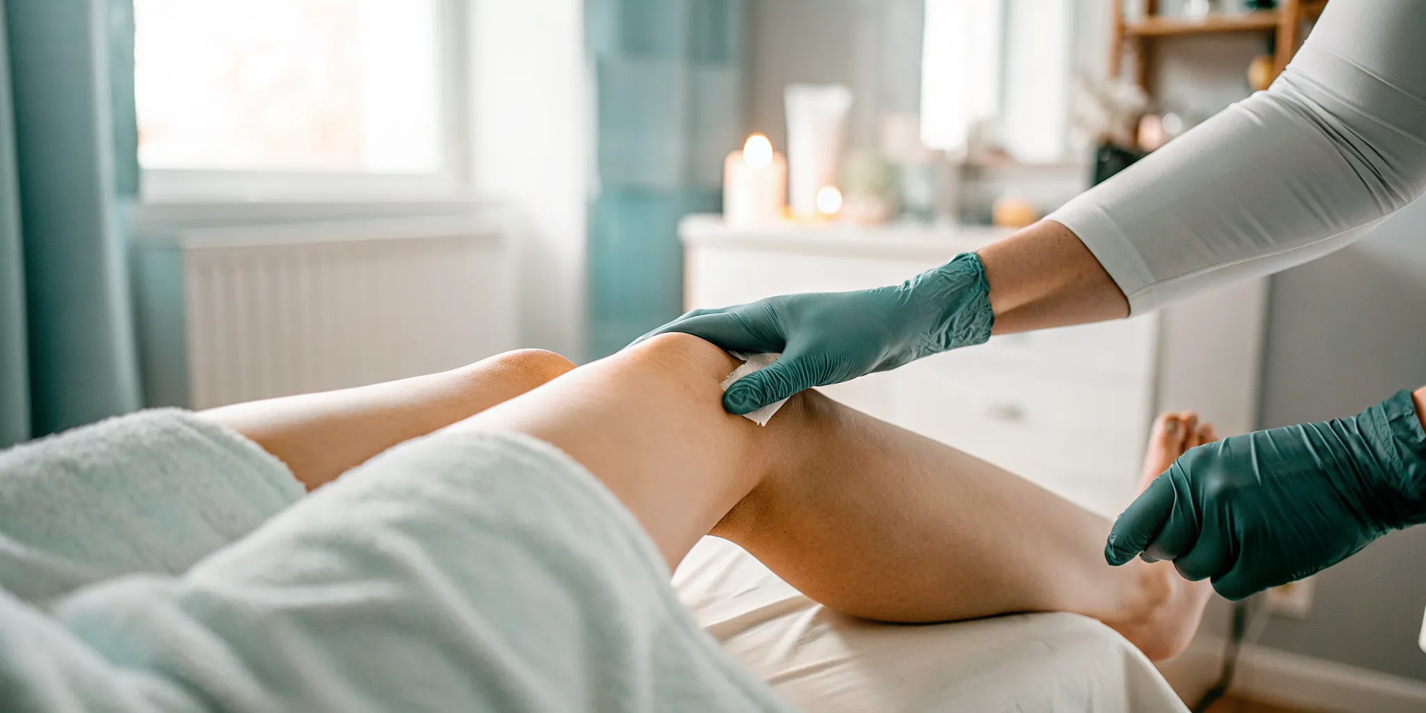 Esthetician applying soothing lotion to freshly waxed skin after a treatment