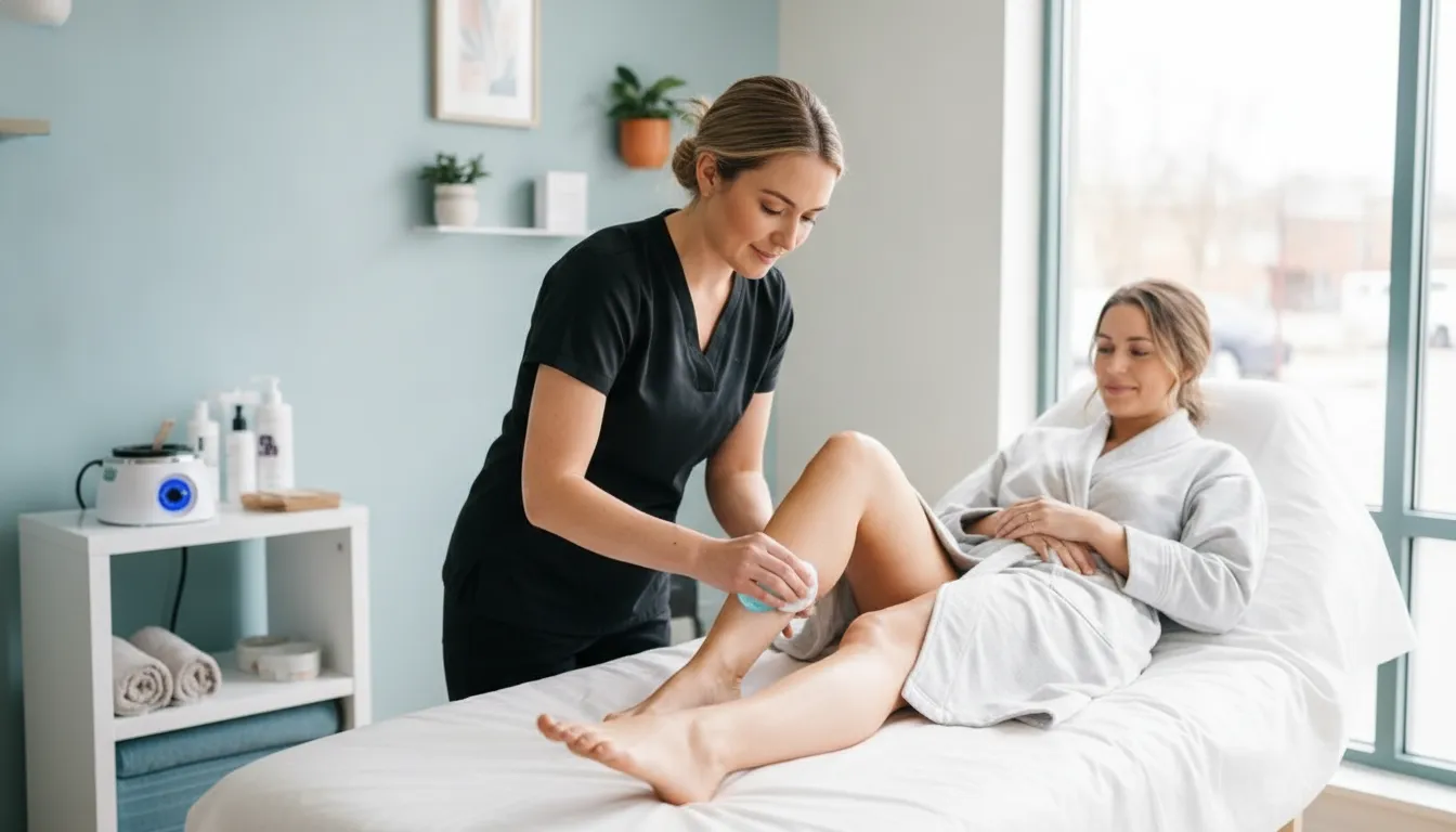 Esthetician preparing a client's leg for body waxing