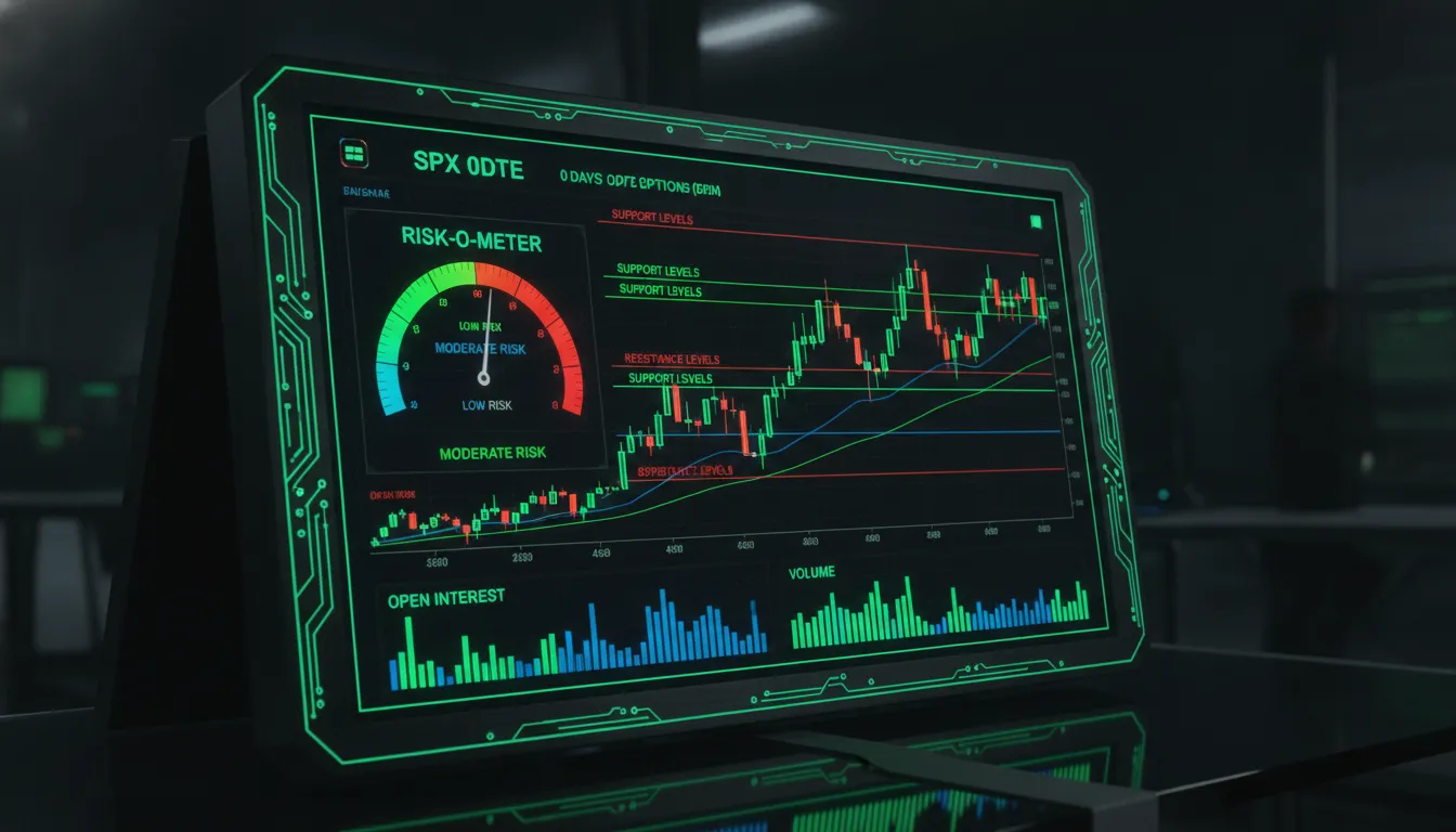 SPX 0DTE options trading charts on dark background with neon green risk levels