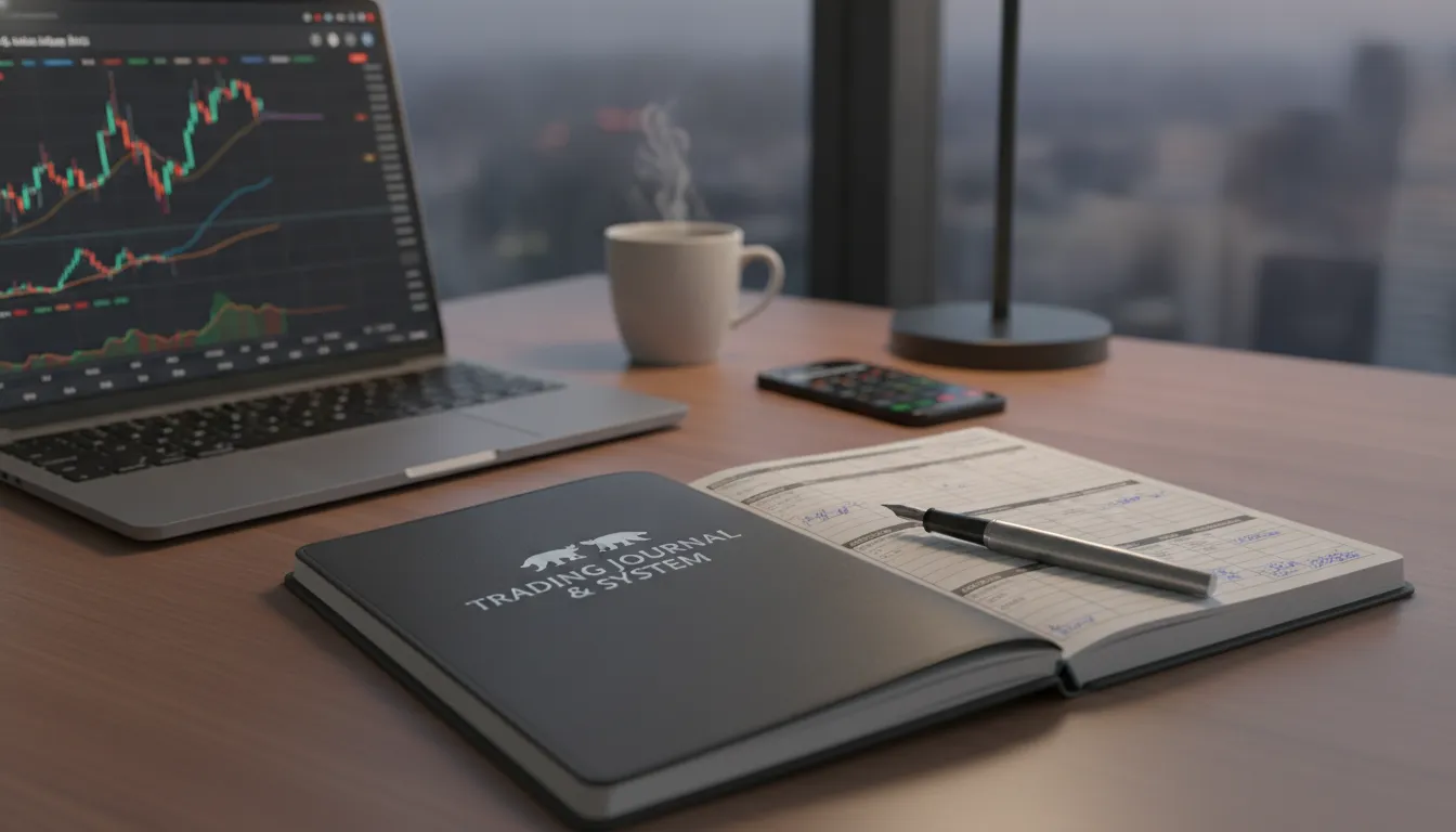 Traders handwritten logbook next to laptop screen showing financial data and charts