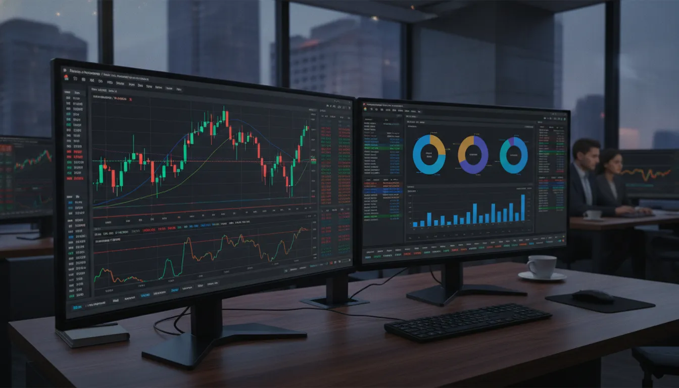 Side-by-side comparison of trading platform interfaces showing ThinkorSwim and Interactive Brokers with charting and analytics tools