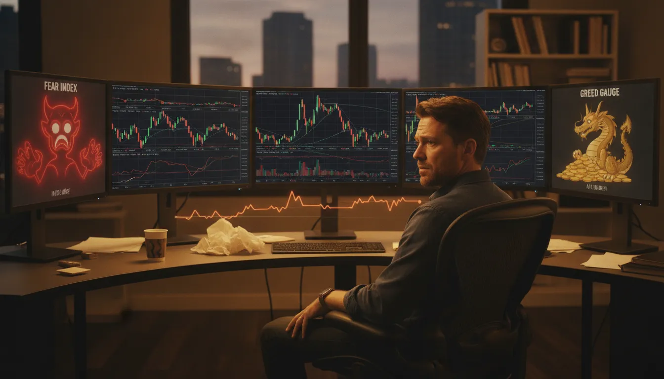 Professional options trader examining SPX charts on multiple monitors with a calm, disciplined posture