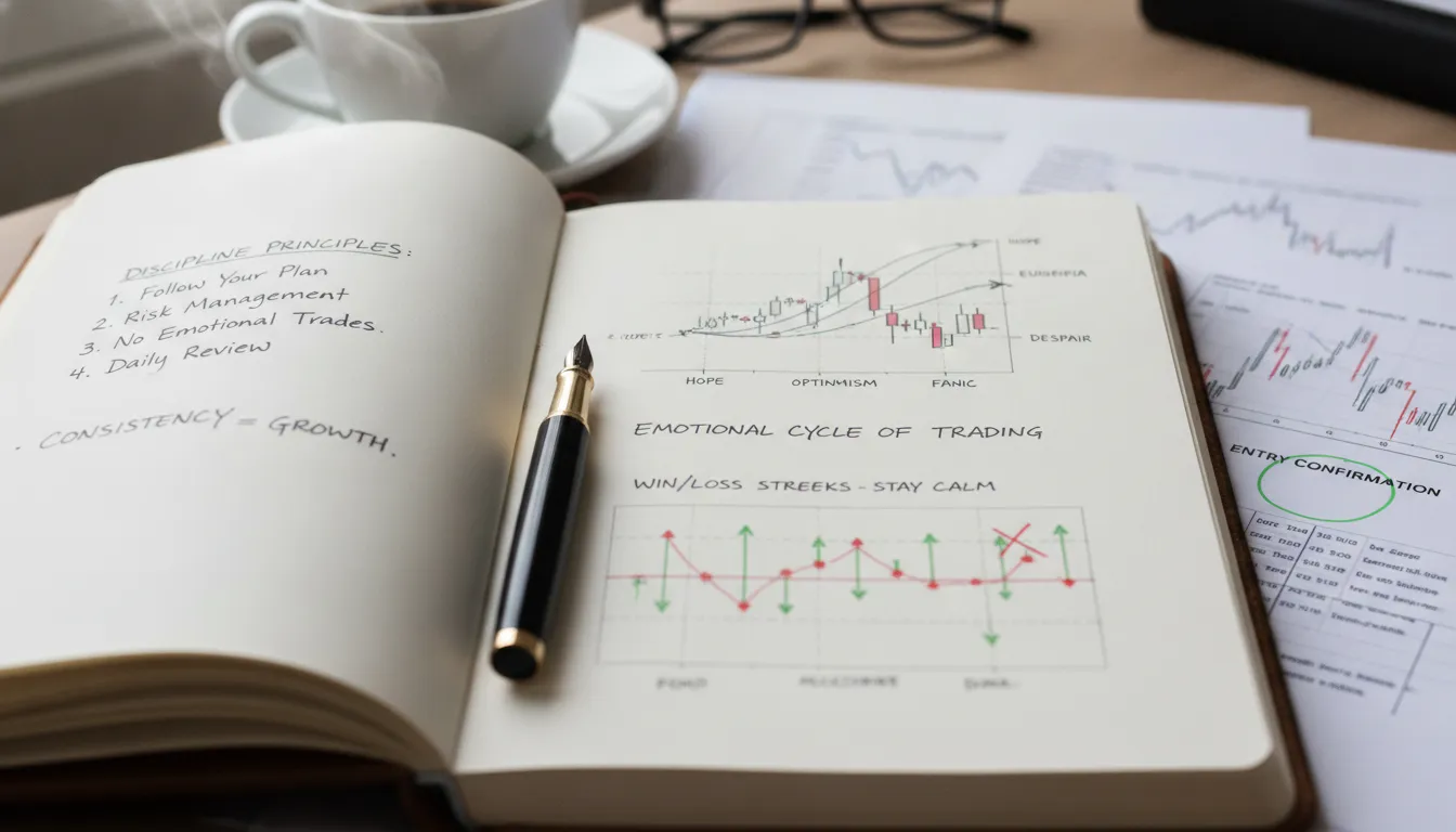 Open trading journal notebook with handwritten entries pens and chart printouts on a desk