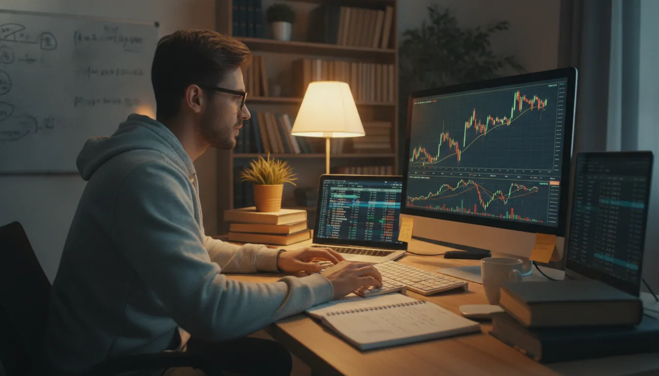 Focused trader studying financial charts and candlestick patterns on a monitor, educational trading environment