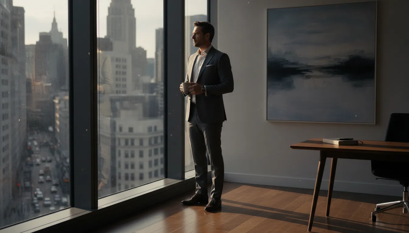 Trader taking a reflective break from market activity in a bright office