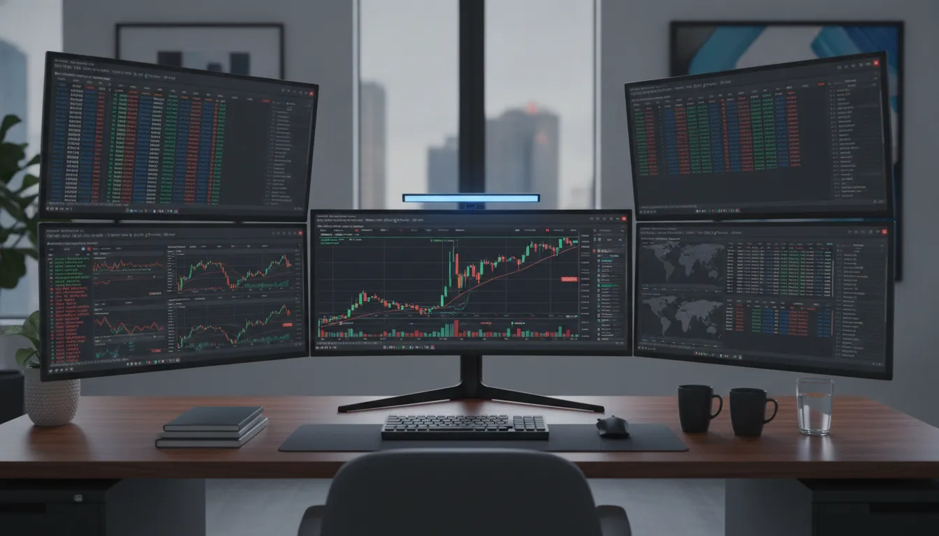 Professional trading desk with multiple monitors showing SPX options charts and candlestick patterns