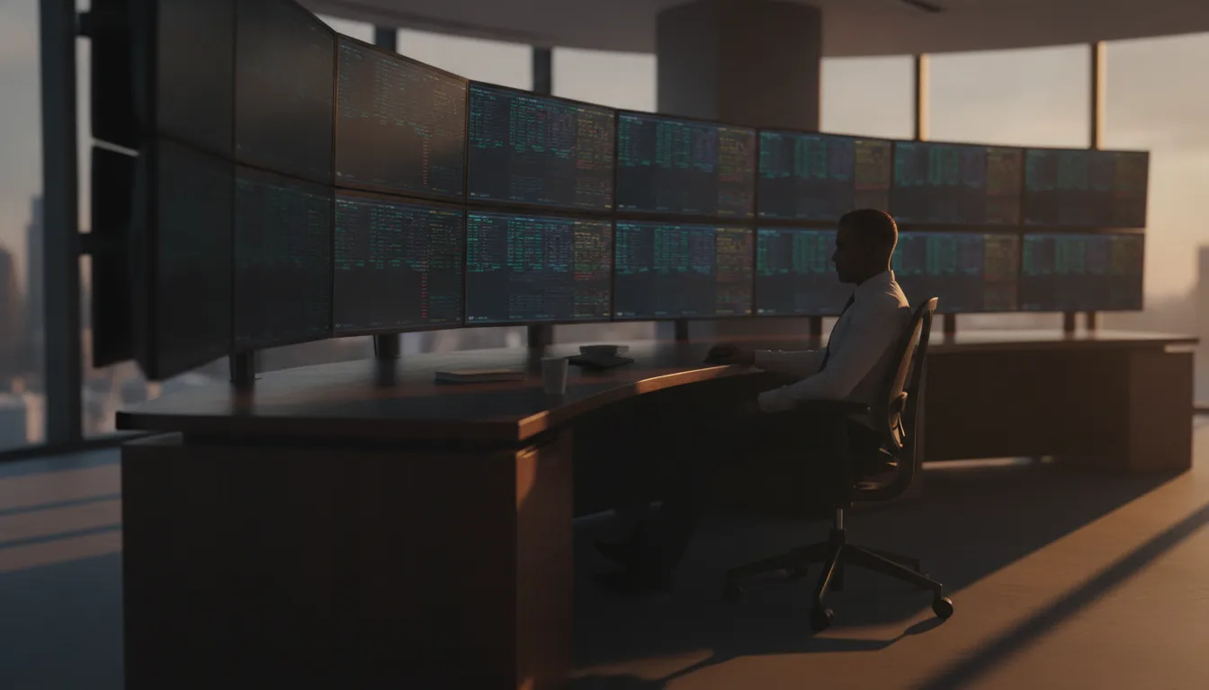 Trader watching same-day options on a wall of screens as theta decay 0DTE options accelerates into the afternoon close