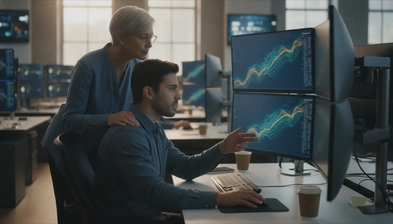 Two traders reviewing SPX vs ES futures strategy in a trading office