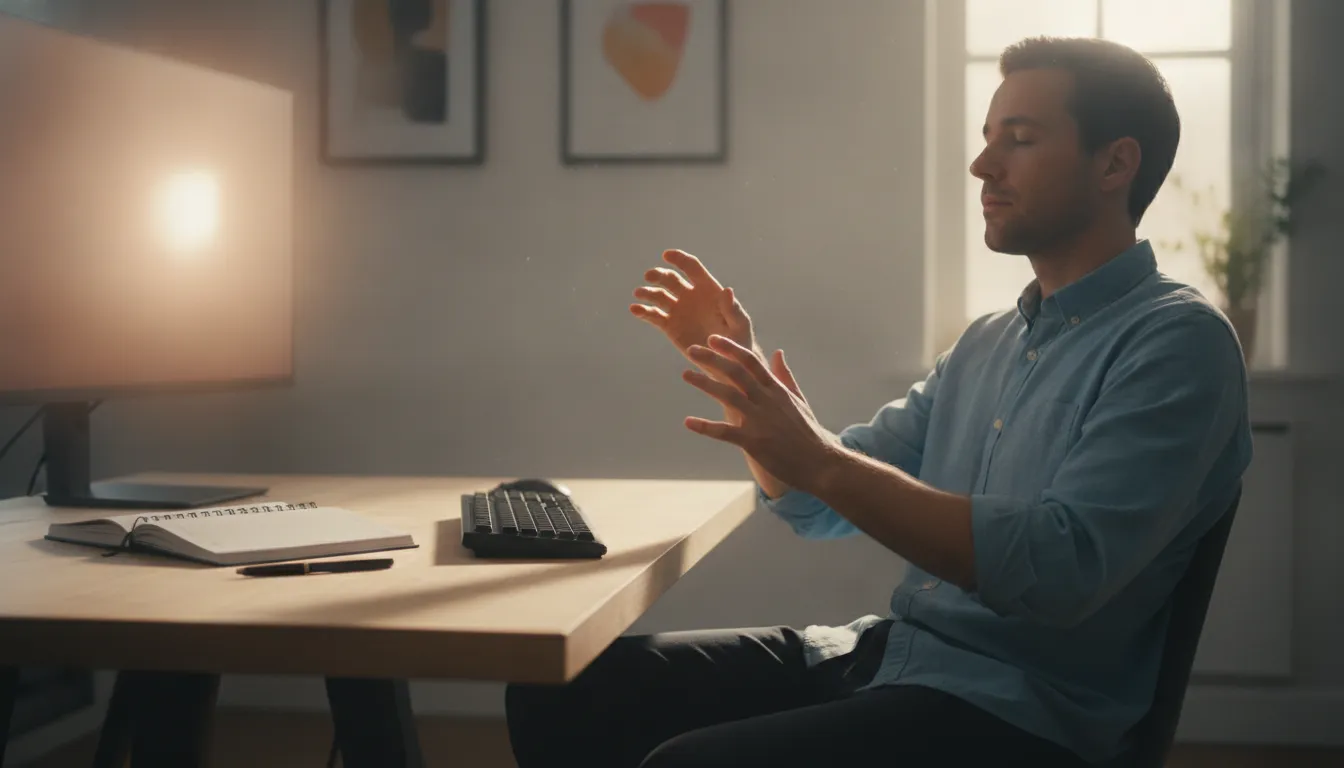 Trader rehearsing a disciplined simulated options order workflow