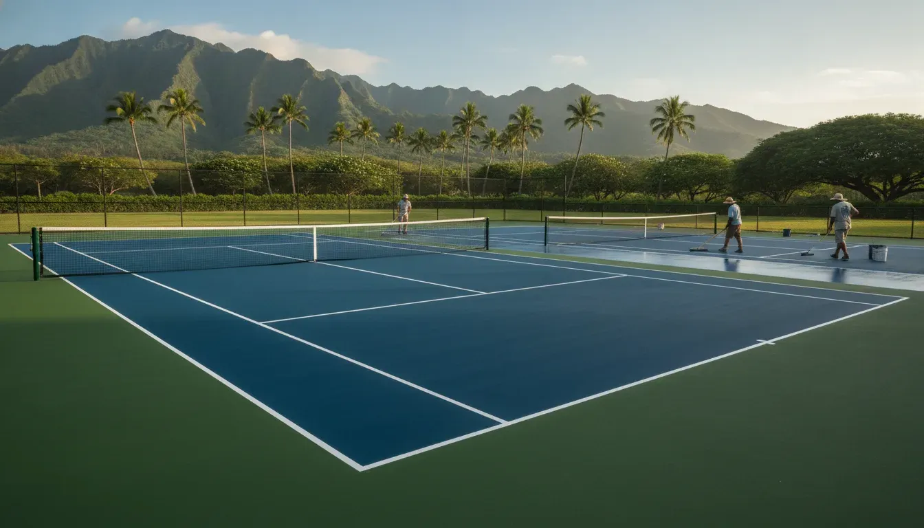 Freshly resurfaced outdoor sports court in Hawaii with precise lines and a tropical mountain setting
