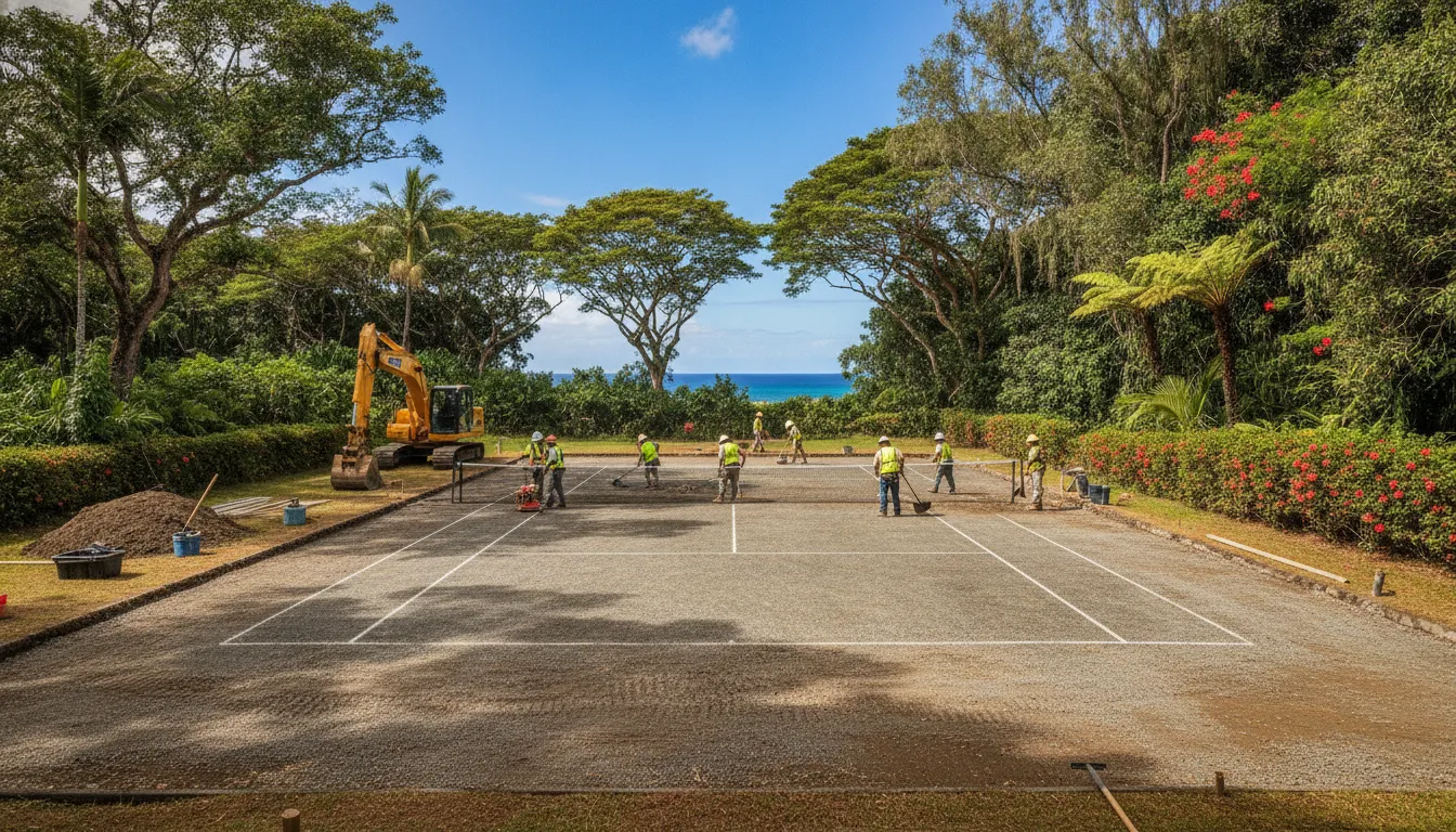 Construction crew preparing the base of a new tennis court in Hawaii