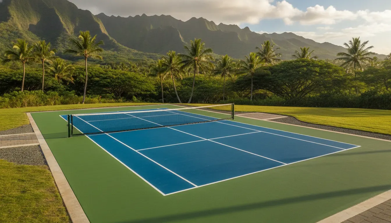 Newly constructed pickleball court in Hawaii with durable acrylic surfacing and mountain views