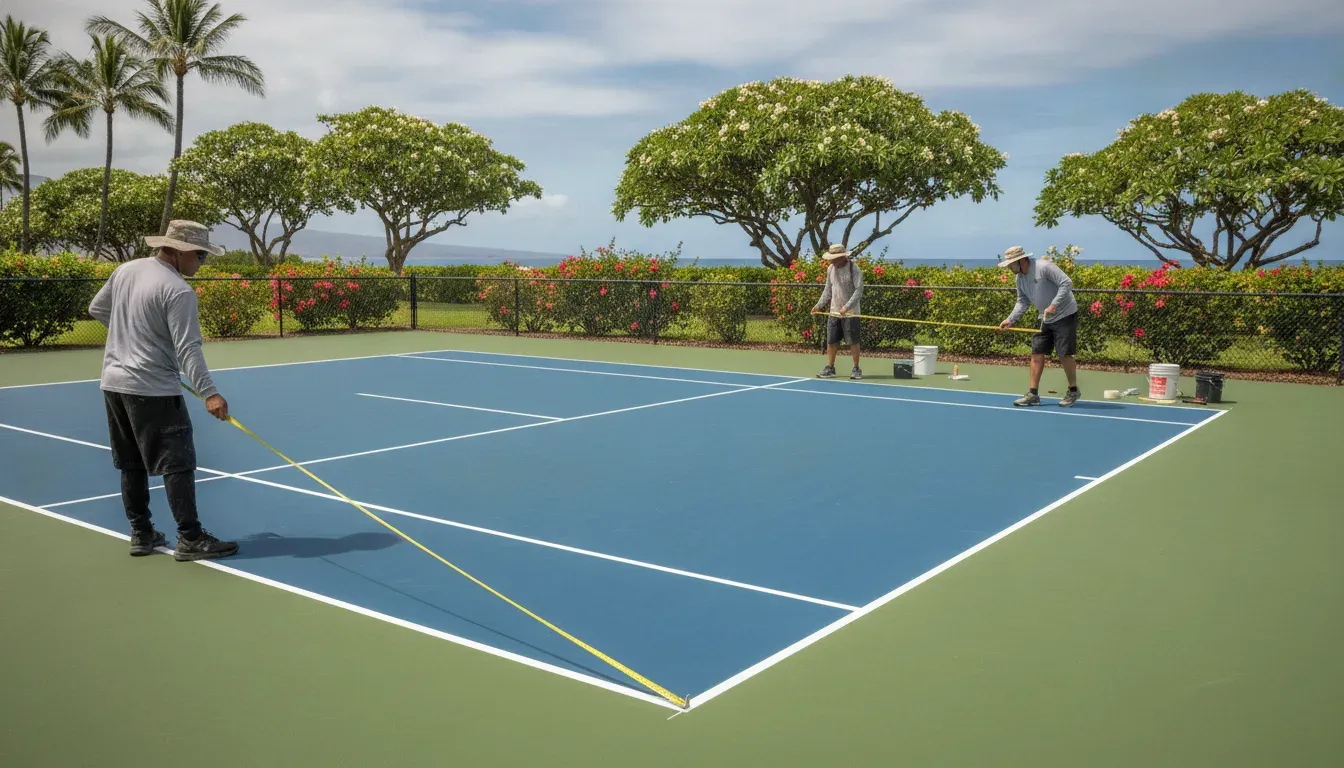 Court crew laying out pickleball conversion lines on a Hawaii tennis court
