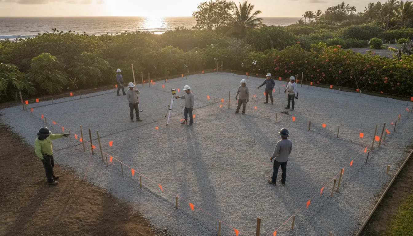 Court construction crew surveying and grading a Hawaii pickleball court site