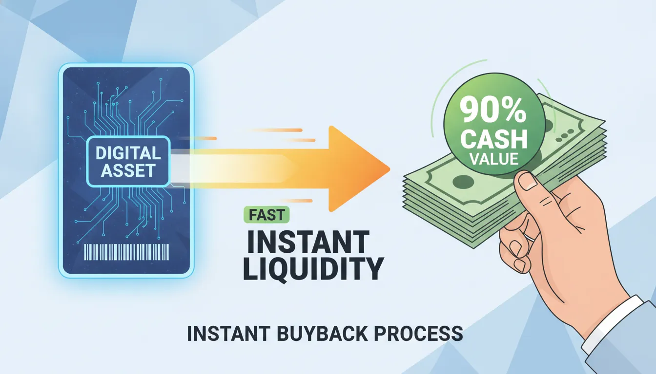 Illustration showing instant buyback process where a digital card is exchanged for 90 percent cash value through Packz fast liquidity system