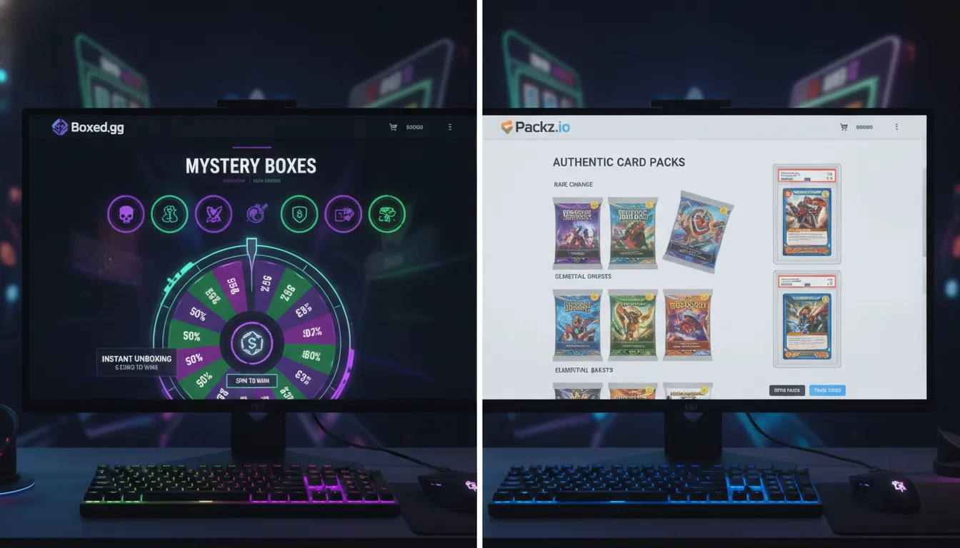 Split-screen comparison showing Boxed.gg mystery box interface on the left and Packz.io transparent card pack system on the right