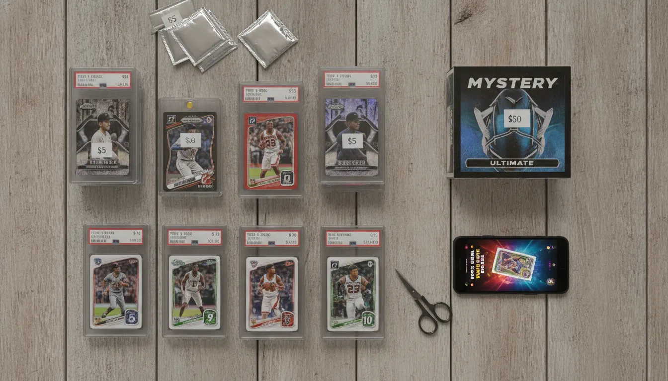Overhead view of sports card mystery packs and graded trading cards arranged on a wooden table showing different price tiers