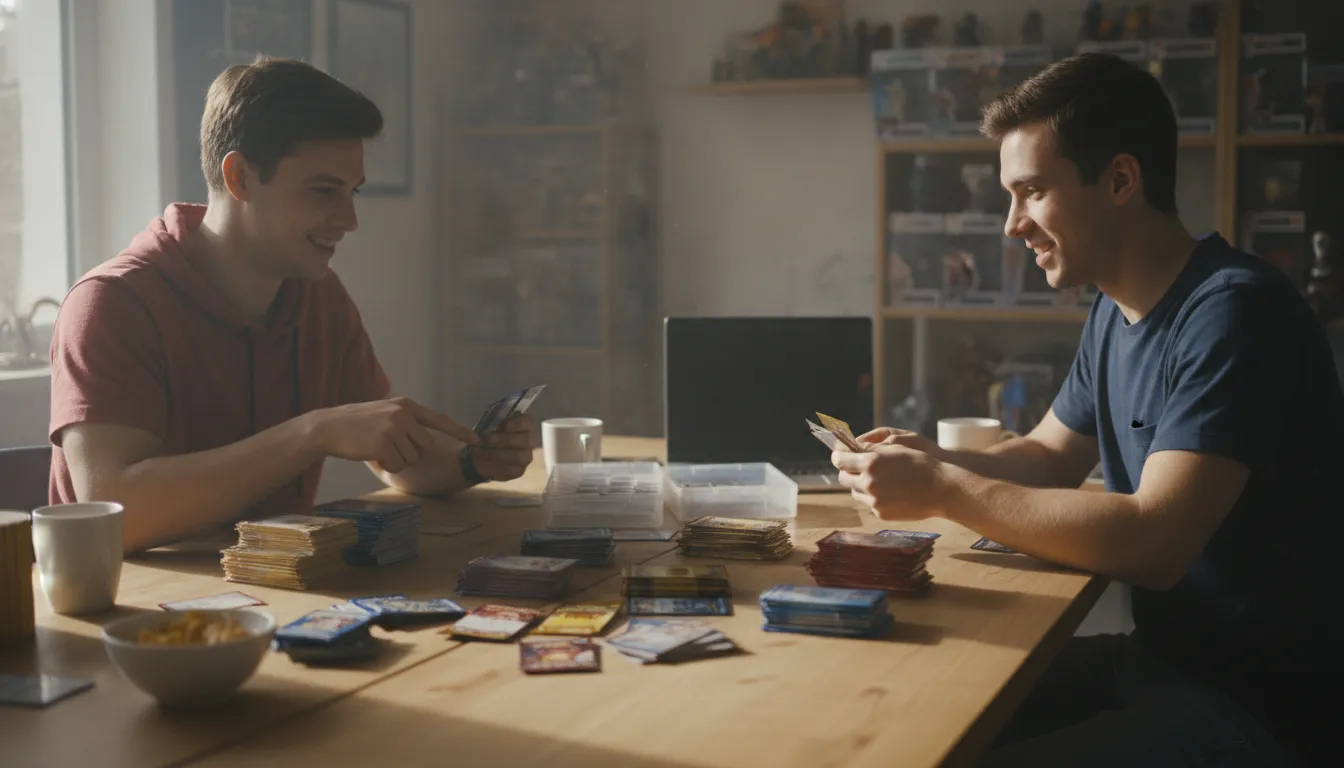 Two players comparing sealed booster packs and organizing trainer cards to build a consistent battle deck