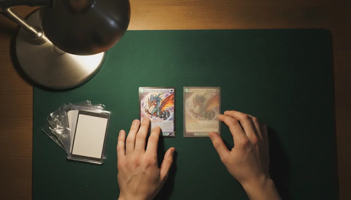 Two trading cards side by side on a felt mat, one with crisp colors and sharp detail and another with washed-out color and blurred print quality