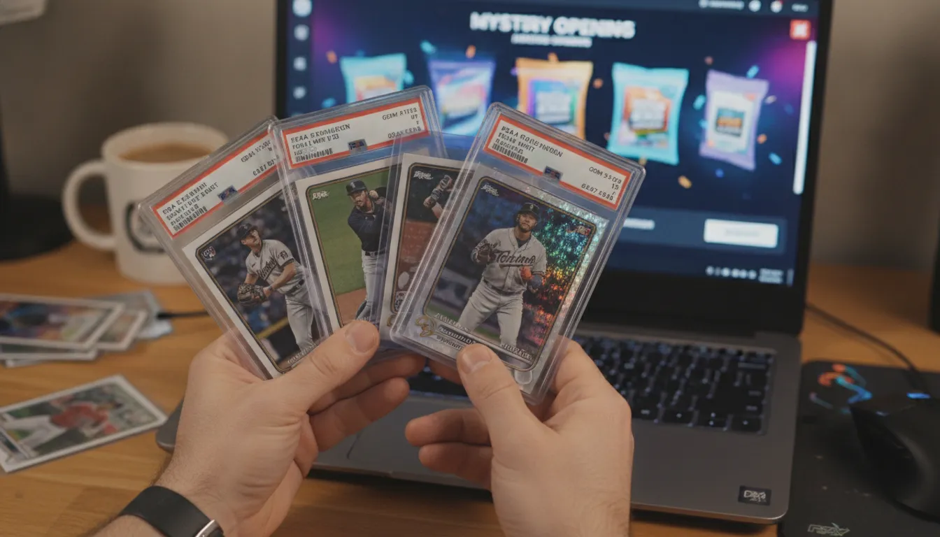 Collector holding graded PSA sports cards in front of a laptop displaying an online pack opening marketplace interface