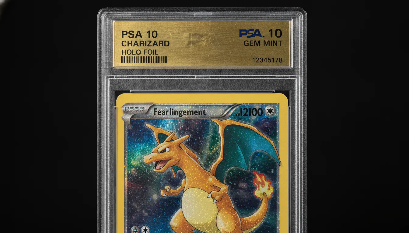 PSA vs BGS vs CGC grading standards comparison showcasing a holographic Pokemon card in a high-grade slab