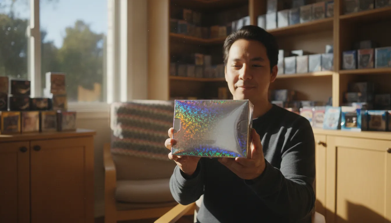 Collector holding a sealed booster box up to the light in a bright hobby room