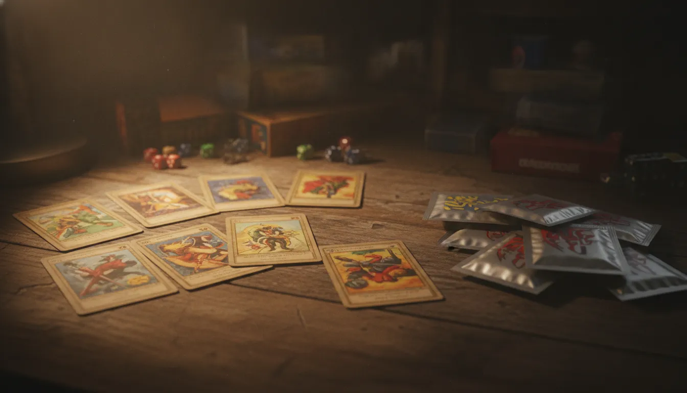 Vintage Pokemon cards fanned out on a wooden table beside unopened booster packs