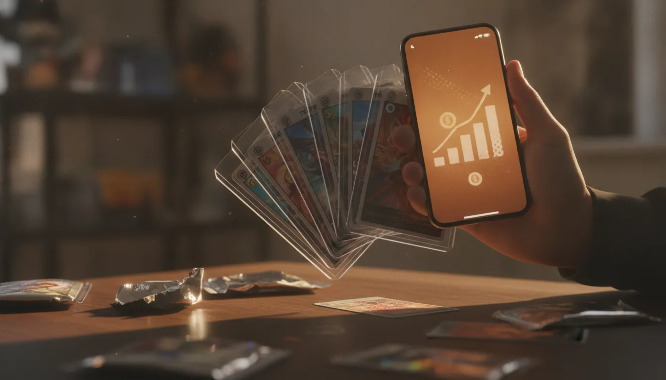Collector holding graded trading cards in slabs beside an open pack and a smartphone showing store credit