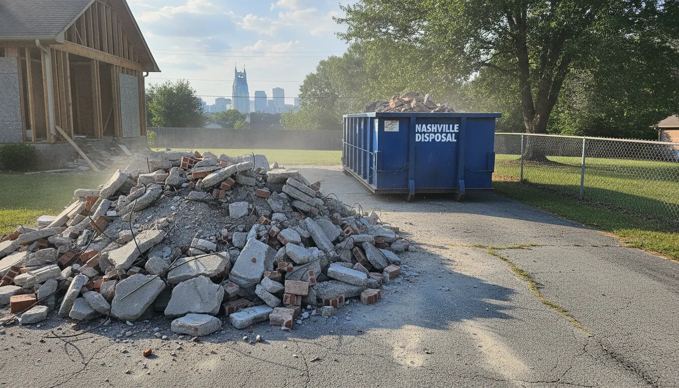 Concrete rubble and broken bricks piled on a Nashville driveway with a 15-yard roll-off dumpster ready for heavy debris disposal