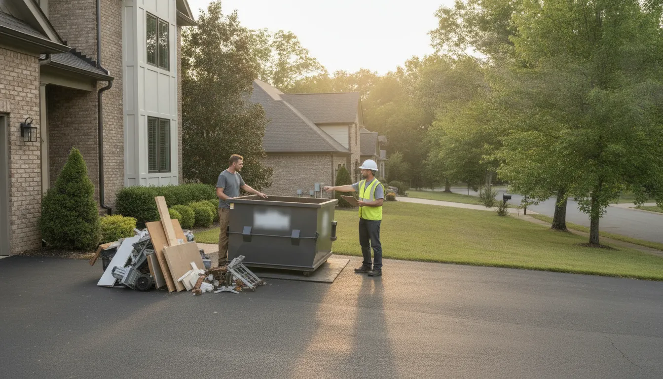 Driveway-friendly 15-yard roll-off dumpster beside a Nashville home