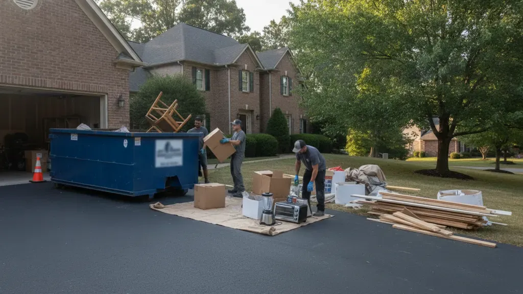 Franklin TN cleanout with a driveway-friendly 15-yard dumpster and sorted debris