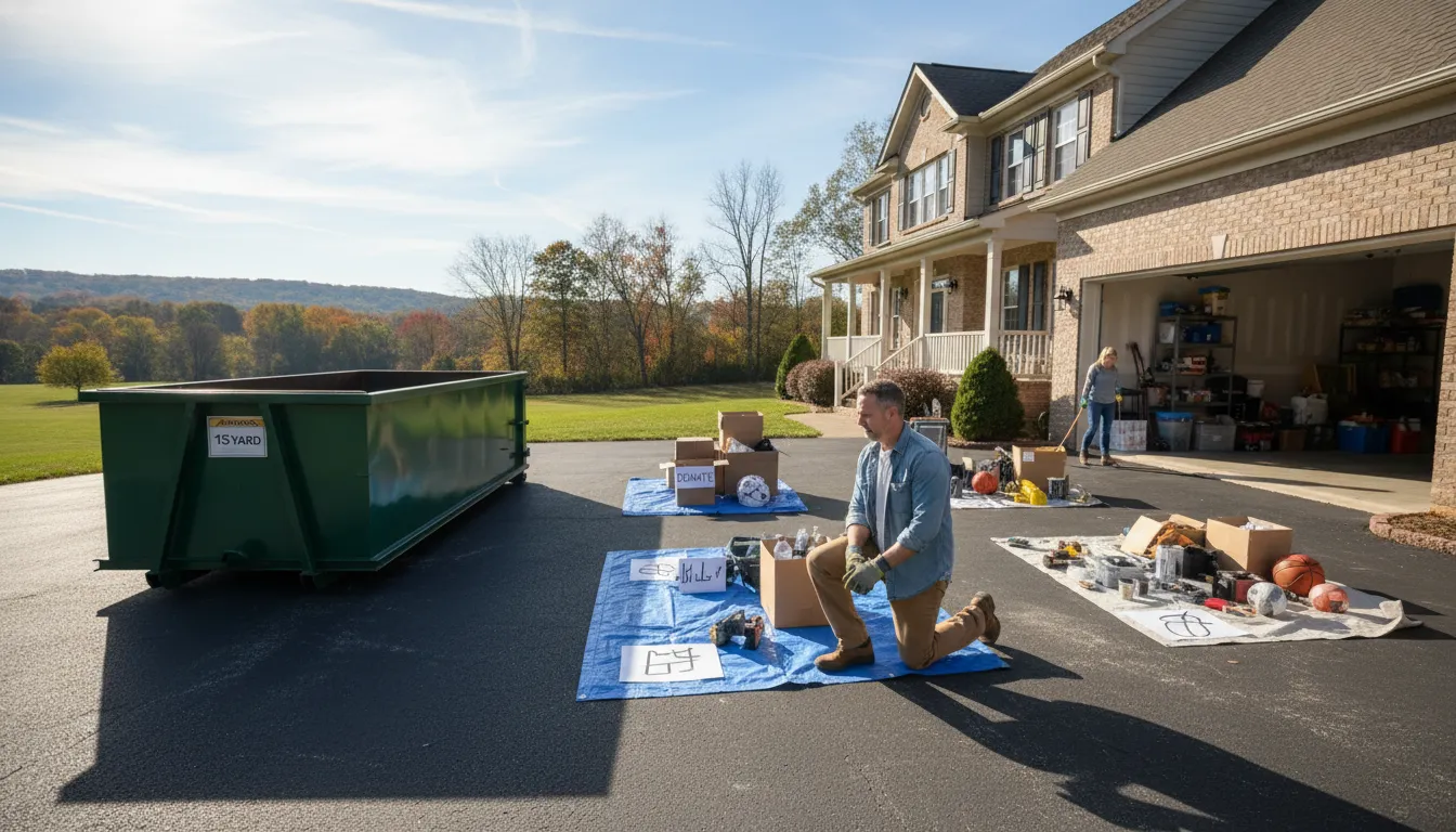 Homeowner sorting items during a garage cleanout beside a 15-yard dumpster